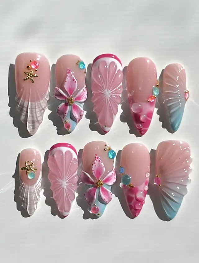 Mermaidcore Press On Nails, 3D Seashell and Tropical Flower Nails, Pink and Blue Ocean Fake Nails, Beach Vacation Nails
