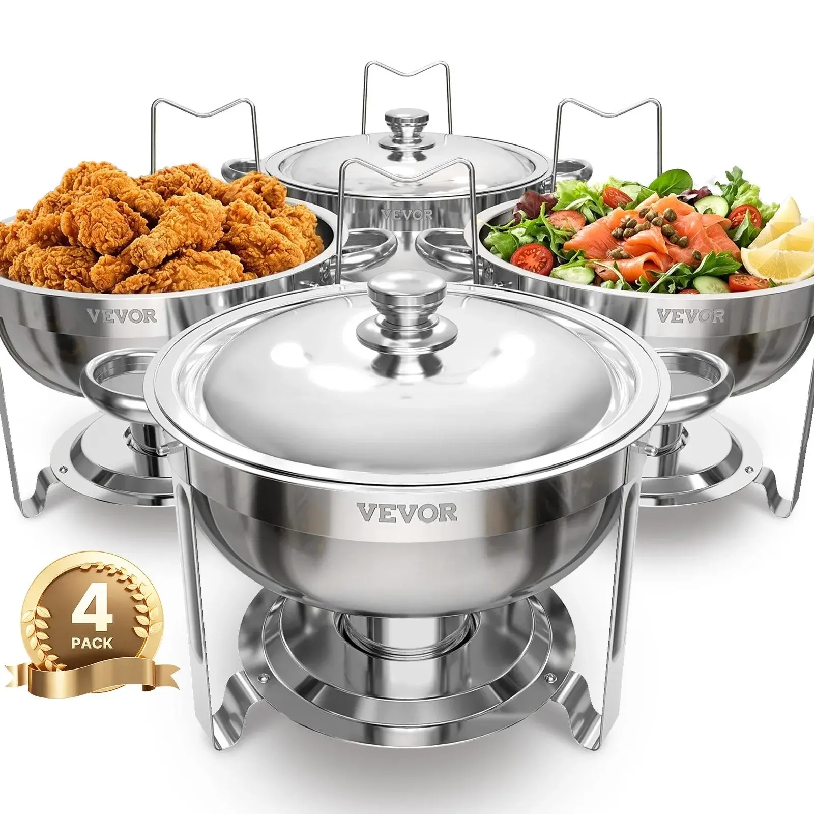 【Fallpicks】VEVOR Portable 4-Piece Stainless Steel Round Chafing Dish Buffet Set, 5Qt Capacity with Full-Size Pans, Glass Lid, Water Pan Temperature Control, Folding Base, Fuel Holder for Weddings, Banquets