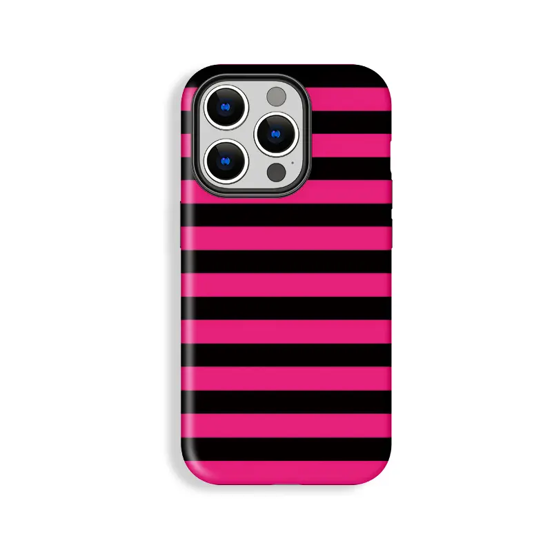 Trendy Pink & Black Striped Polycarbonate Smartphone Case - Slim Fit, Raised Bezels, Durable Shockproof Double-Shell Anti-Drop Wear-Resistant Cellphone Casing for iPhone 11/12/13/14/15/16/17 Pro, Pro-Max, Plus, Air (Gift Accessory)