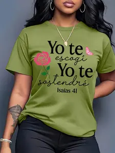 Women's Casual Short Sleeve Crew Neck Cotton T-Shirt - Spanish Bible Verse Rose Print, Multiple Colors, Machine Washable, Spring/Summer Top, Soft Skin-Friendly Fabric, Daily Wear, Fashion Design