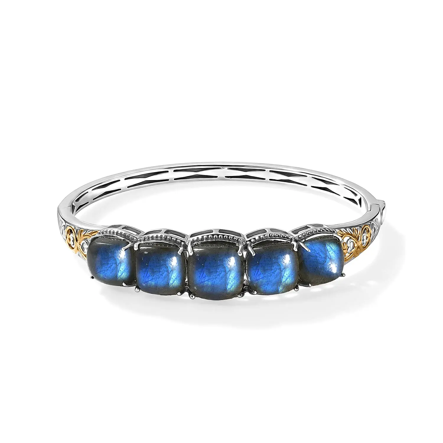 EverTrue Malagasy Labradorite Bangle Bracelet in 18K YG Plated and Platinum Bond (7.25 In) 31.30 ctw