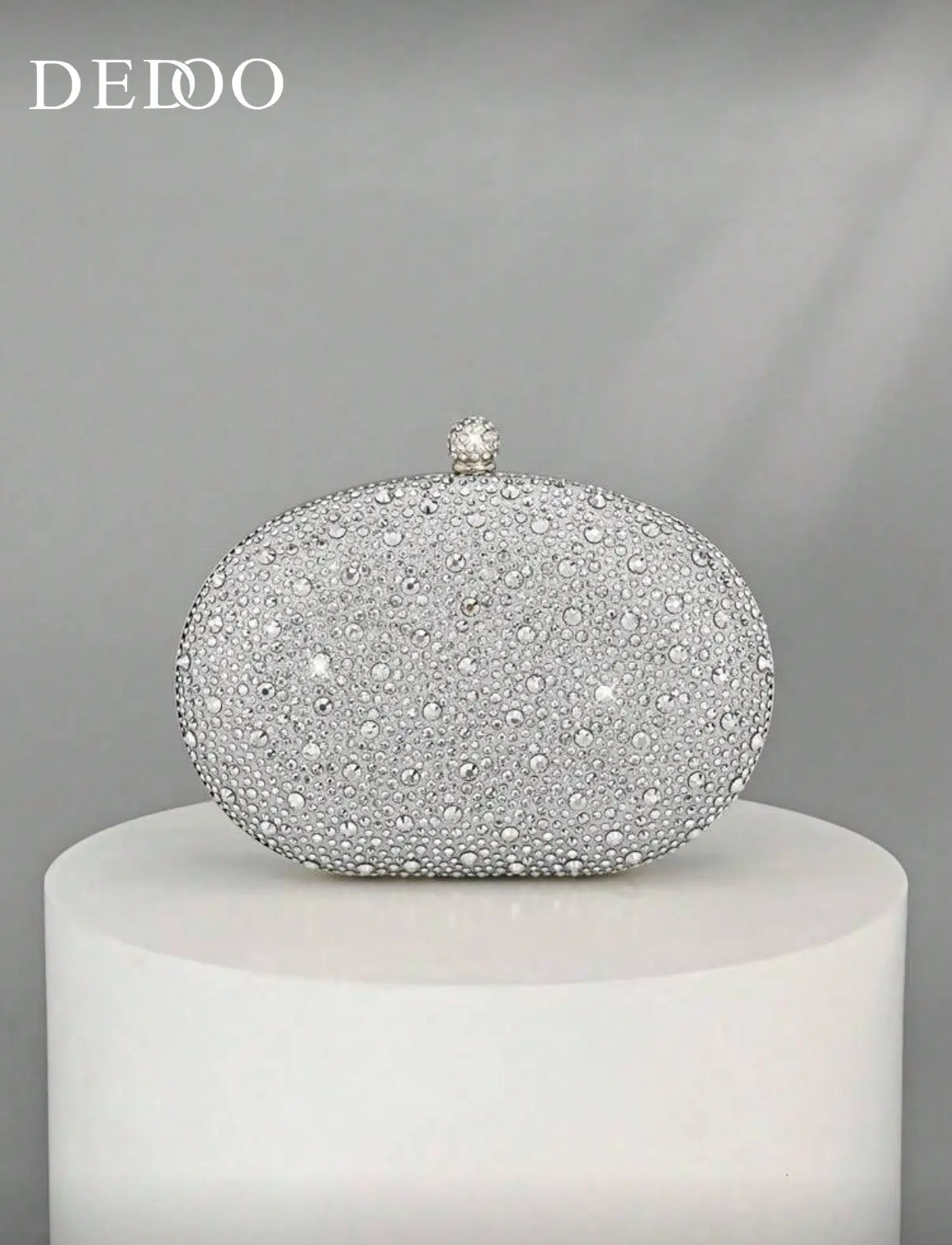Sparkling All-Over Rhinestone Oval Frame Clutch Purse, Glitter Crystal Snap Lock Evening Bag with Removable Metal Chain Strap, Elegant Statement Shoulder Bag for Bridal Wedding Guest Night Out Events