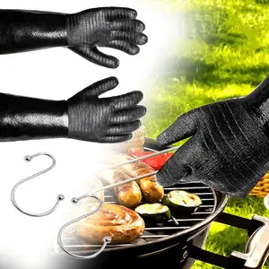 Heat Resistant Gloves for Grill BBQ With S-Hook,Waterproof Long Sleeve Pit Grill Gloves for Fryer, Baking, Oven,Smoker,Fireproof, Oil Resistant Neoprene Coating