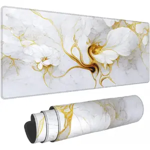 Desk Pad,Office Desk Mat 31.5"*11.8" Large Gaming Mouse Pad,Extended Computer Mouse Pad,Waterproof Thick Big Mouse Pads with Non-Slip Rubber Base Office Home White Gold Marble Flower : Office Products