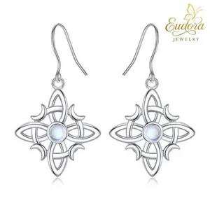 Eudora 925 Sterling Silver Celtic Knot Hook Earrings Bracelet With Opal Center, Elegant Symbolic Dangle Jewelry Gift For Women With Gift Packaging