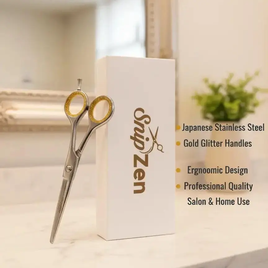 SnipZen 6-Inch Flat Professional Hair Cutting Scissors - Japanese Stainless Steel Barber Shears, Gold Glitter Ergonomic Handles, Lightweight, Smooth Precision Cut for Salon, Home Haircare (Single Pair), Barber Equipment, Textured, Hair Styling Accessories