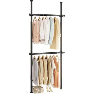 to Ceiling Clothes Rack, Telescopic Garment Rack, 43–122in & 30–47in Width, 220lbs Total Load Capacity, 2-Pole, Black