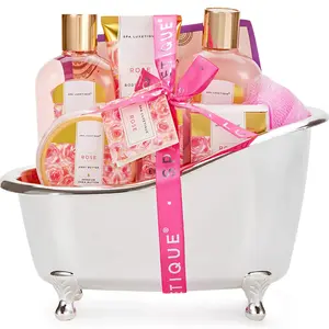 8 Pcs Rose Scent Nourishing Spa Basket Bath Sets Includes Bubble Bath, Shower Gel, Body Lotion, Birthday Gifts for Women