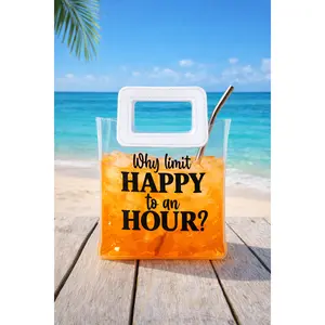 Reusable Beach Drink Pouch Bag – “Why Limit Happy to an Hour?” | Poolside Cocktail Bag with Straw | Funny Summer Gift