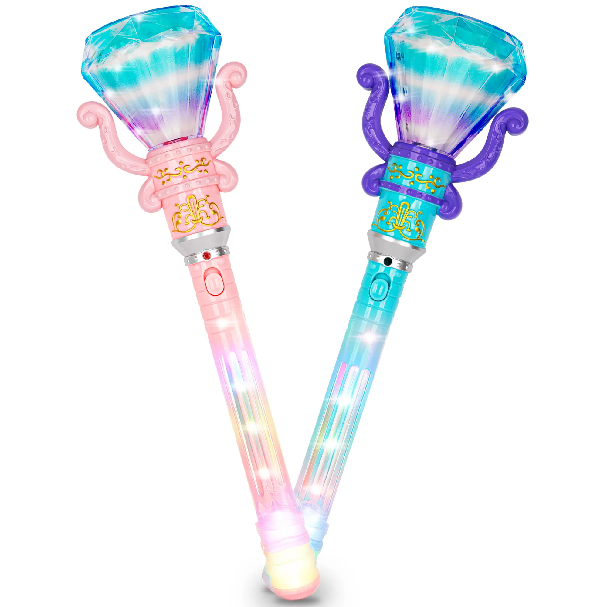 Light Up Diamond Wands for Kids, Set of 2, Princess LED Wands for Girls and Boys with Spinning LEDs and Batteries Included, Princess Toys for Hours of Pretend Play, Pink and Blue