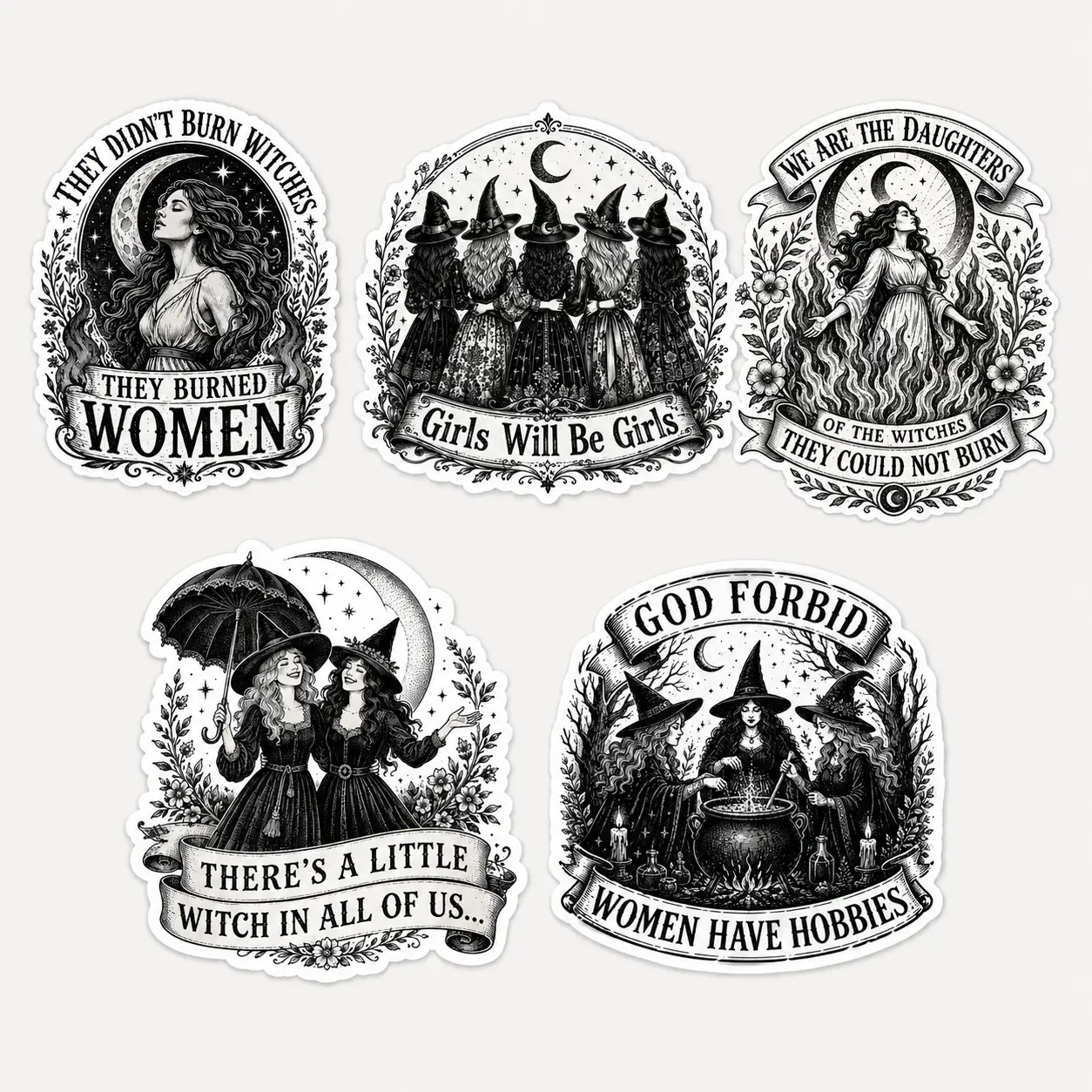 Vintage Feminist Witch Sticker Pack, Black and White Witchy Women Vinyl Stickers, Halloween Sisterhood Sticker Bundle