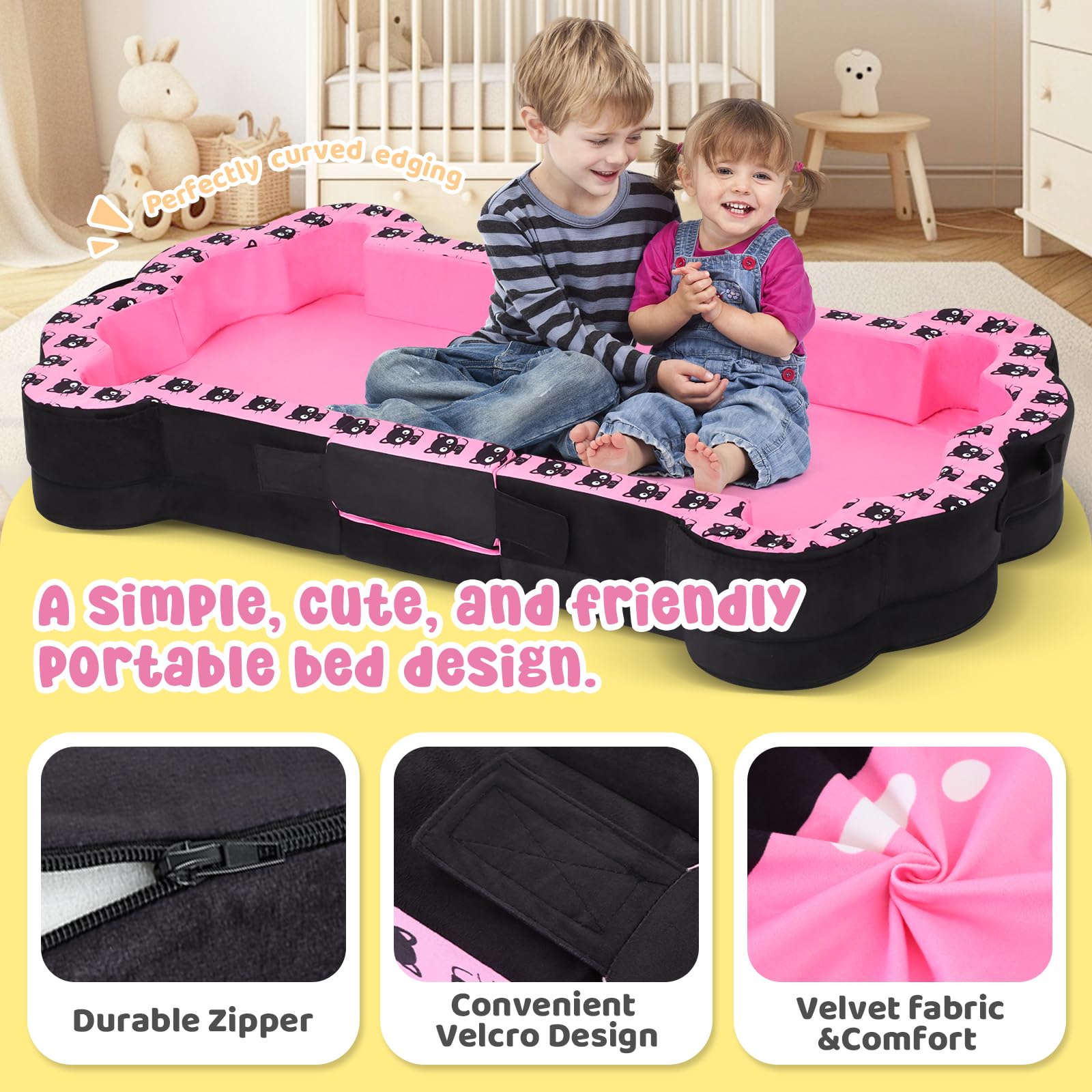 Portable Toddler Floor Bed,Foldable Toddler Travel Bed with Washable Cover for Kids,Soft and Safe