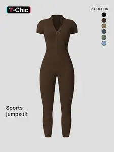 Women's Solid Zipper Mock Neck Sports Jumpsuit, Summer Outfits 2024, Casual Sporty High Waist Quick Drying Jumpsuit for Yoga Gym Workout, Ladies Summer Sportswear, Sporty Comfy Jumpsuit, Sportswear Jumpsuits