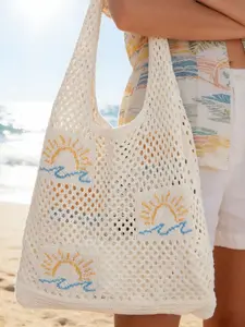 Women's Beach Style Tote Bag with Sun and Waves Embroidery, Large Capacity Vintage Knitted Boho Summer Vibe Handbag for All Seasons, Lightweight Beach Bag