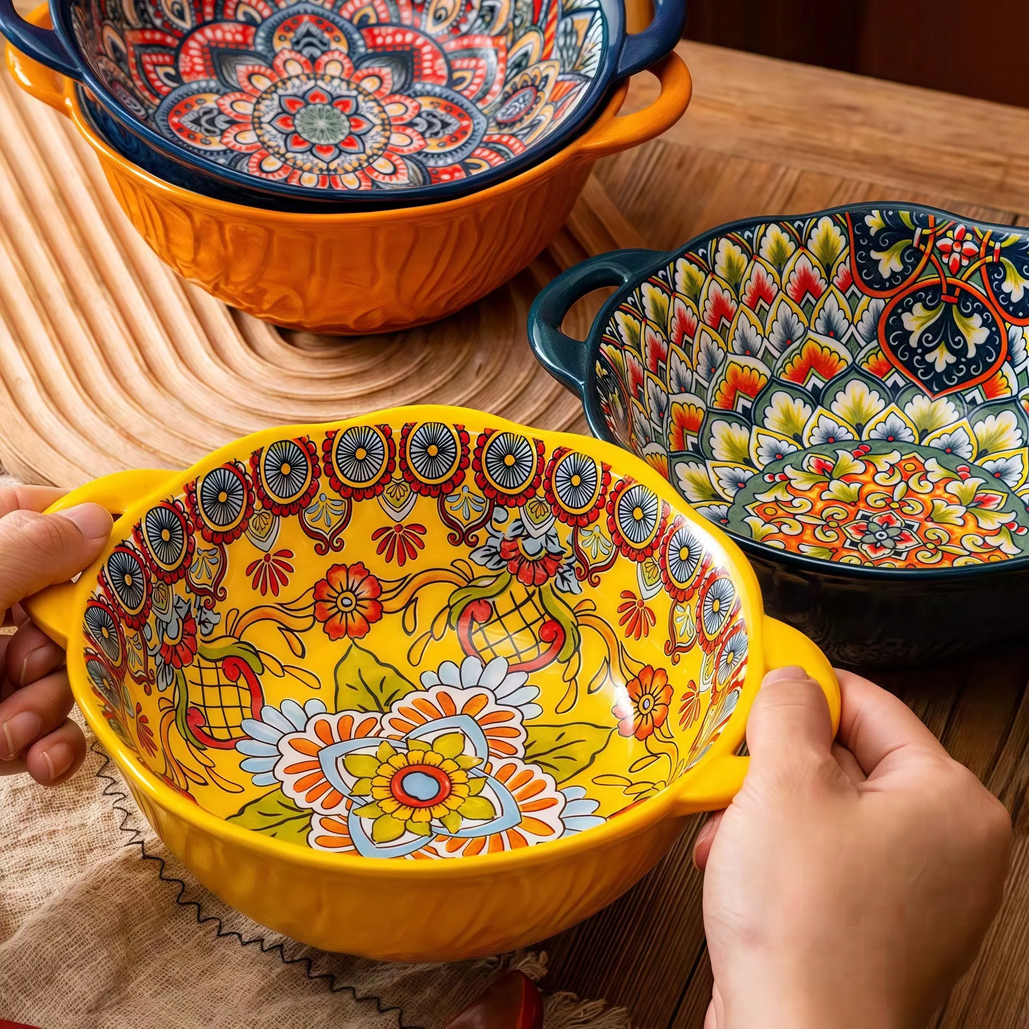 Bohemian Ceramic Handled Soup Bowls Set of 4, 9 Inch Large Deep Serving Bowls Oven Microwave Safe for Pasta Salad Ramen Family Dining Tableware