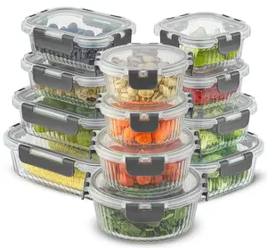 24-Piece Fluted Glass Food Storage Container Set with Lids - 13.5 oz. 20.5 oz. 32 oz. 5.2 in. 5.9 in. 6.75 in.