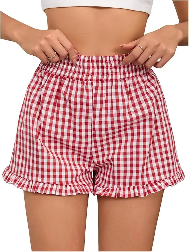 Vhein Women's Chic Casual Checkered Print Shorts, Loose-Fit Above-Knee Beachy Bottoms with Elastic Waist and Button-Front for Summer, Chic Casual Shorts, Above Knee Shorts, Beachy Shorts