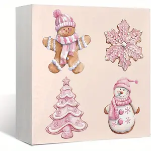 Pink Christmas Decor Wooden Box Sign, Gingerbread Sign, Candyland Christmas Decorations, Pink Xmas Tree Christmas Snowman Decor, Christmas Winter Gift for Women, Christmas Kitchen Decor 5x5 inch
