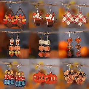 9 Pairs/Set Thanksgiving Earring Set, Thanksgiving Autumn Harvest Turkey Pumpkin Maple Leaf Coffee Cup FALL Charm Pendant Earrings, Thanksgiving Autumn Jewelry, Vintage retro Wooden Double-sided Earrings, Thanksgiving Fall Party Earrings Gift