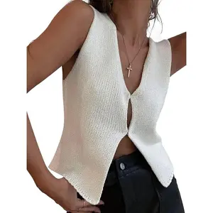 Women's V Neck Sleeveless Button Down Crochet Vest Top