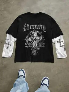 Street style Streetwear long-sleeved Fitted Crewneck T-shirt with a timeless cross Graphic print, fashionable dark style casual wear, unisex, Y2K gothic style spring and autumn top.