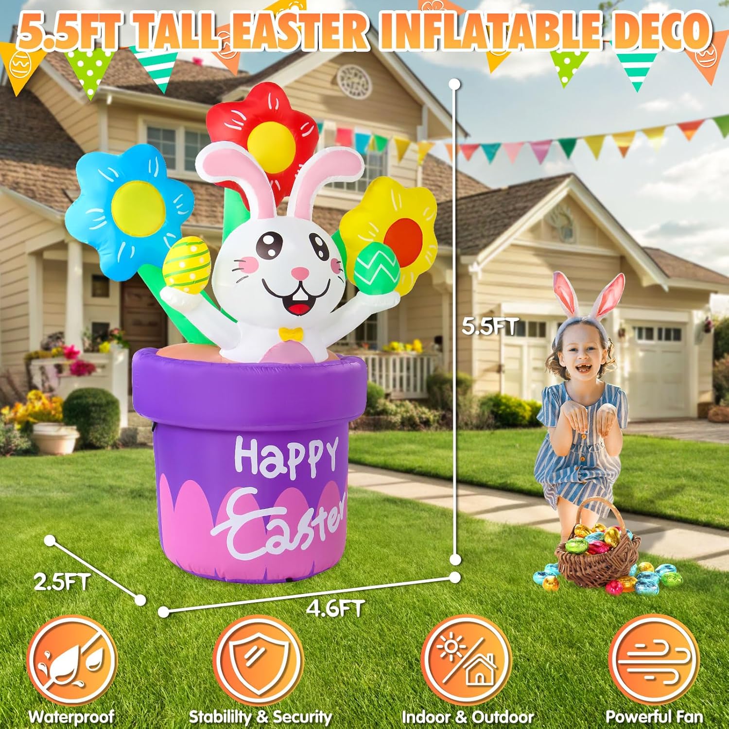 Easter Inflatables Outdoor Decorations 5.5ft Inflatable Easter Bunny Basket with Flowers Eggs Rabbit Blow Up Yard Decor Led Lights Holiday Blow Ups Indoor Outside for Lawn Party Garden Spring