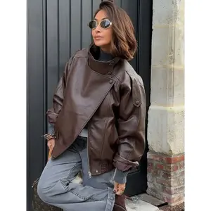 Fashion oversized asymmetrical zip motorcycle jacket, coats, women’s black faux leather long-sleeve casual street-style outerwear, new for spring/autumn 2026