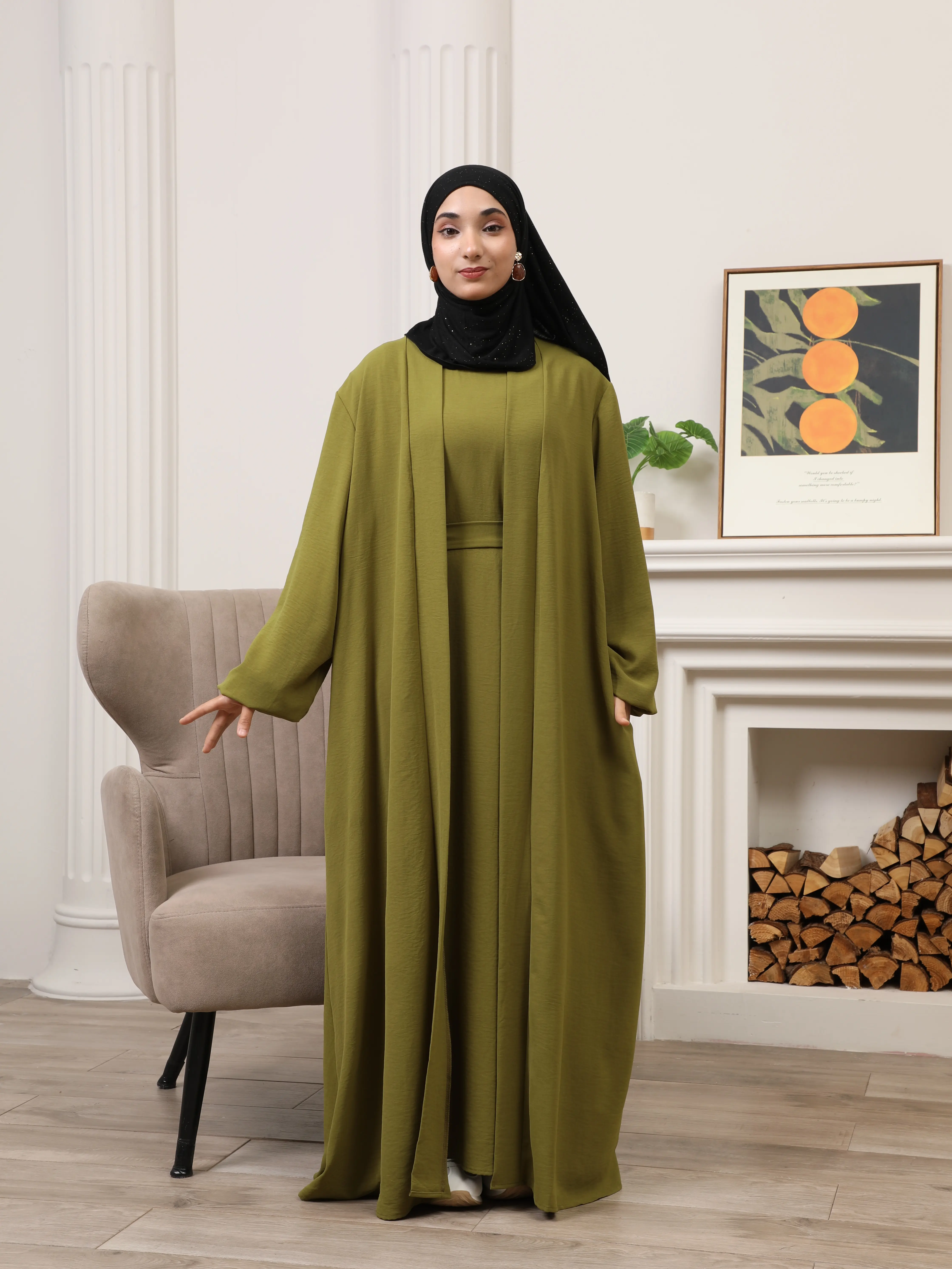 Women's Muslim Modesty 3-Piece Abaya Set - Inner Dress, Outer Layer, Waist Belt, Solid Color, Elegant Everyday Wear (NCA010), Muslim Clothing