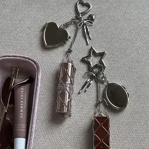 Decorative Keychain Lipstick Case with Mirror Bag Accessory Fashion Accessory Mesh Holder Gold & Silver Y2K Style Heart & Star for Lipsticks & Lighters Cute Stylish Keychain for Women & Girls