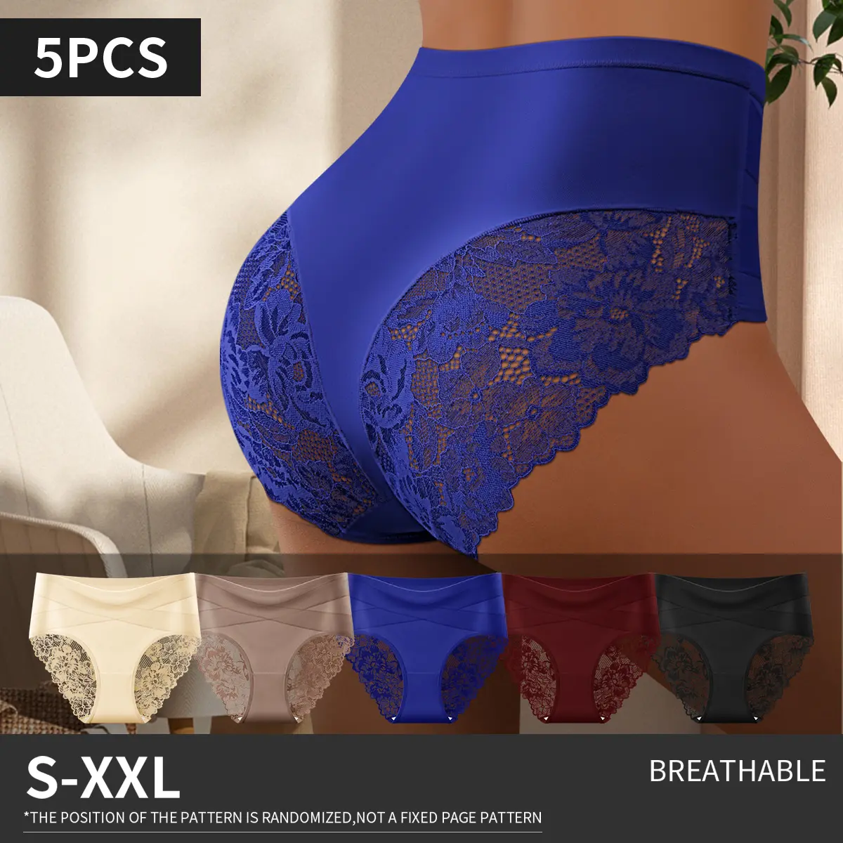 QUASTI Women's 5 Piece High Waisted High Cut Lace Thongs Polyester, Light, Comfortable Seamless Tummy Control Hip Lifting Crossover Panties, Elegant Skin Friendly Splicing Lace No Show Breathable Everyday Women's Clothes (5 Mix Colors, S XXL)