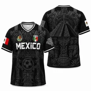 Mexico 2026 Soccer Jersey for Men, Black Retro Football Shirt with Virgin of Guadalupe, Sugar SkullAztec Calendar V-Neck Design