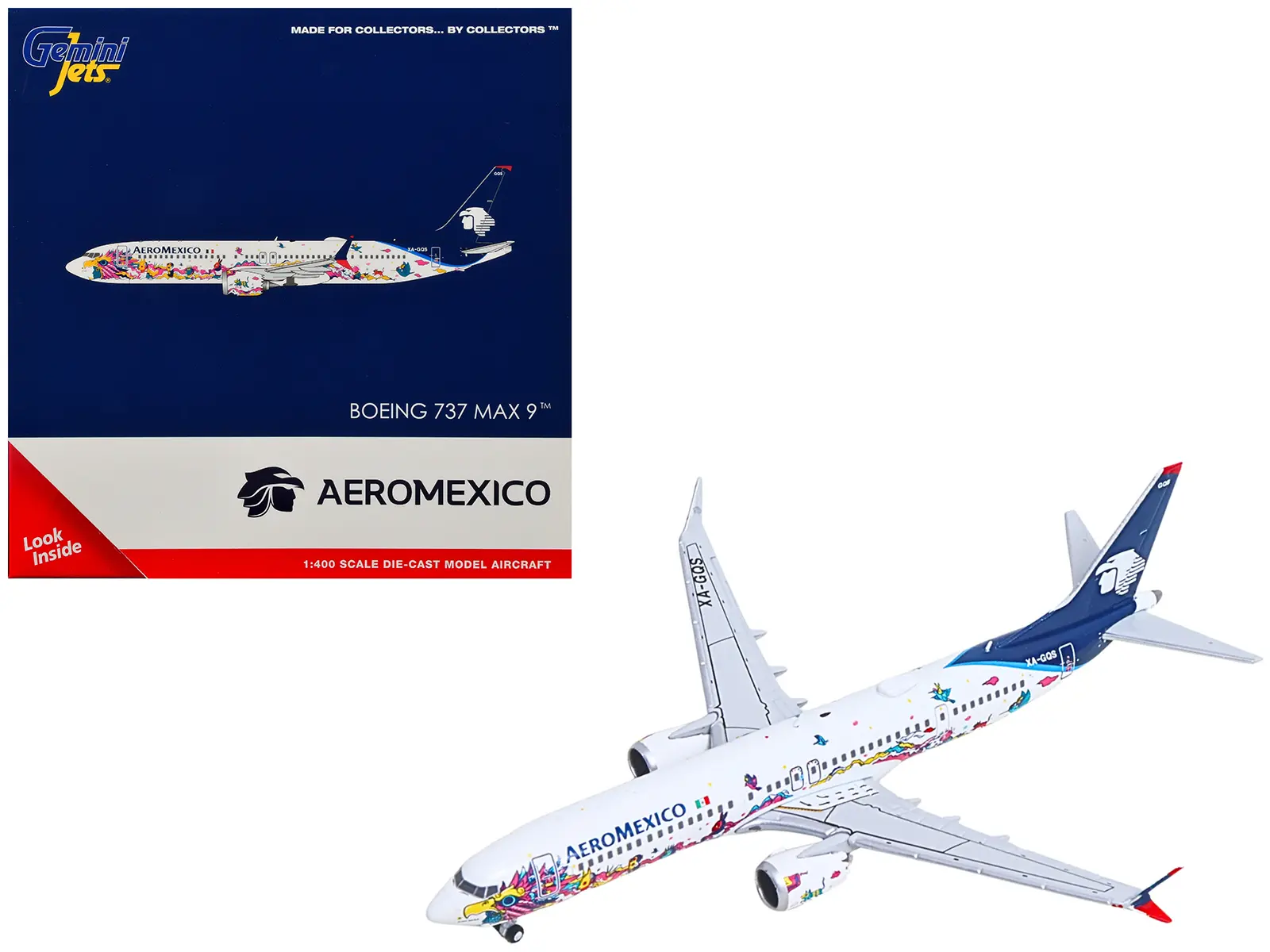 Boeing 737 MAX 9 Commercial Aircraft "Aeromexico - Kukulcan" White with Graphics and Blue Tail 1/400 Diecast Model by GeminiJets