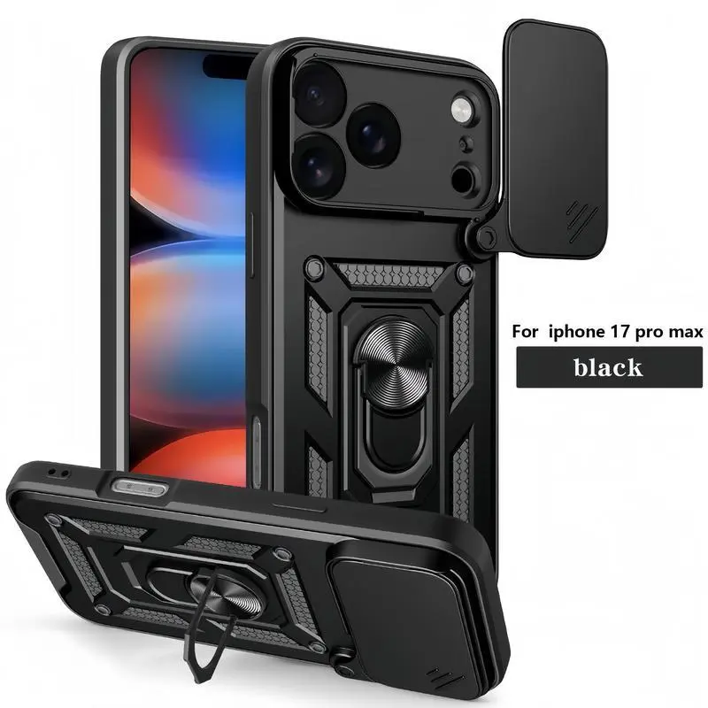 Military-Grade Shockproof Smartphone Casing with 360-Degree Rotating Ring Bracket & Slide Camera Cover for iPhone 11-16 Pro Max, iPhone 17 Pro Max - Sturdy Handheld Cellphone Devices Protection Case, Accessories