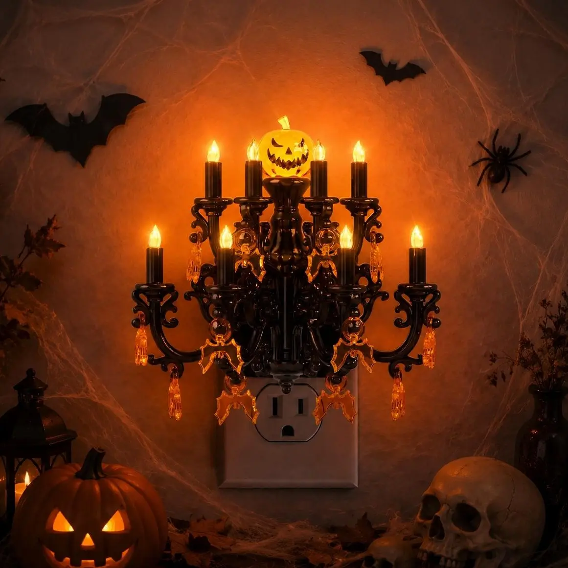 [Halloween Gift] Spooky Chandelier Night Light, 1W Plug-in Dusk to Dawn Sensor, Amber Glow, Vintage Gothic Decor for Home, Hallway & Bedroom