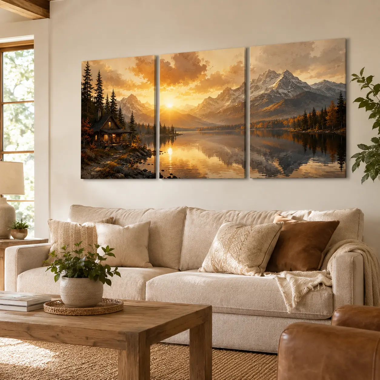 3-Panel Framed Rustic Mountain Lake Golden Sunset Canvas Wall Art Set, Pine Wood Cabin Prints, Nature Decorative Artwork for Walls, Living Room & Bedroom Home Decor Supplies with Dry Hanging Design