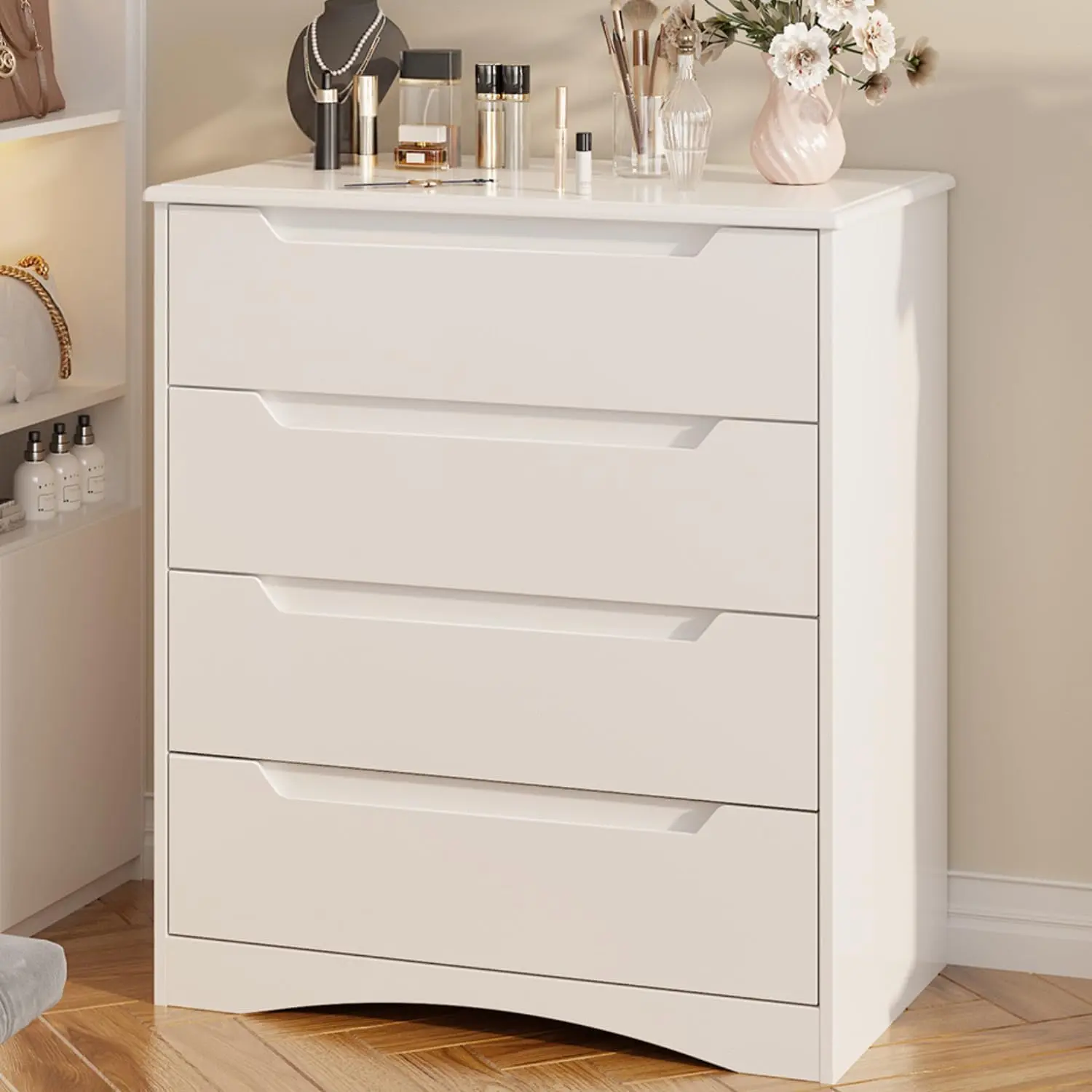 Gizoon 4 Drawer Dresser for Bedroom, Sturdy White Chest of Drawers, White | Anti-Tip Device, Modern Large Capacity Storage for Closet, Embedded Handles, Space-Saving Design, Wooden Finish