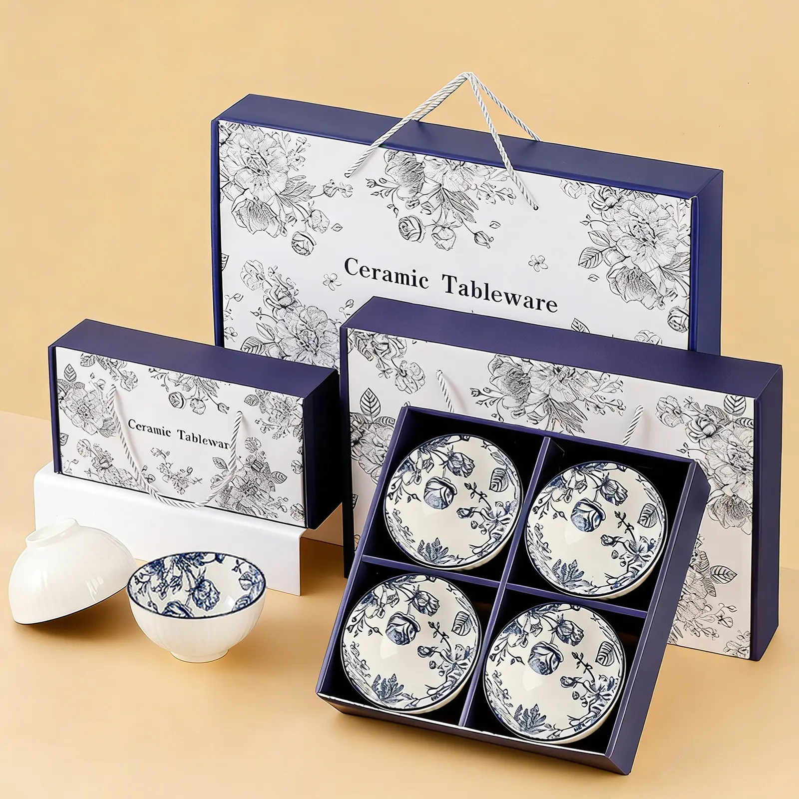 Chinese-Style Ceramic Pottery Tableware Gift Box Set - 4.5-in Rose Pattern Mini Bowls, Food-Safe, Dishwasher & Microwave Safe, Dessert/Rice Bowls, Housewarming Gift, Food-Safe Bowls