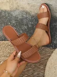 Women's New Leopard PU Woven Vintage Sandals, Casual Soft Slippers, Breathable Round Toe Flat Shoes