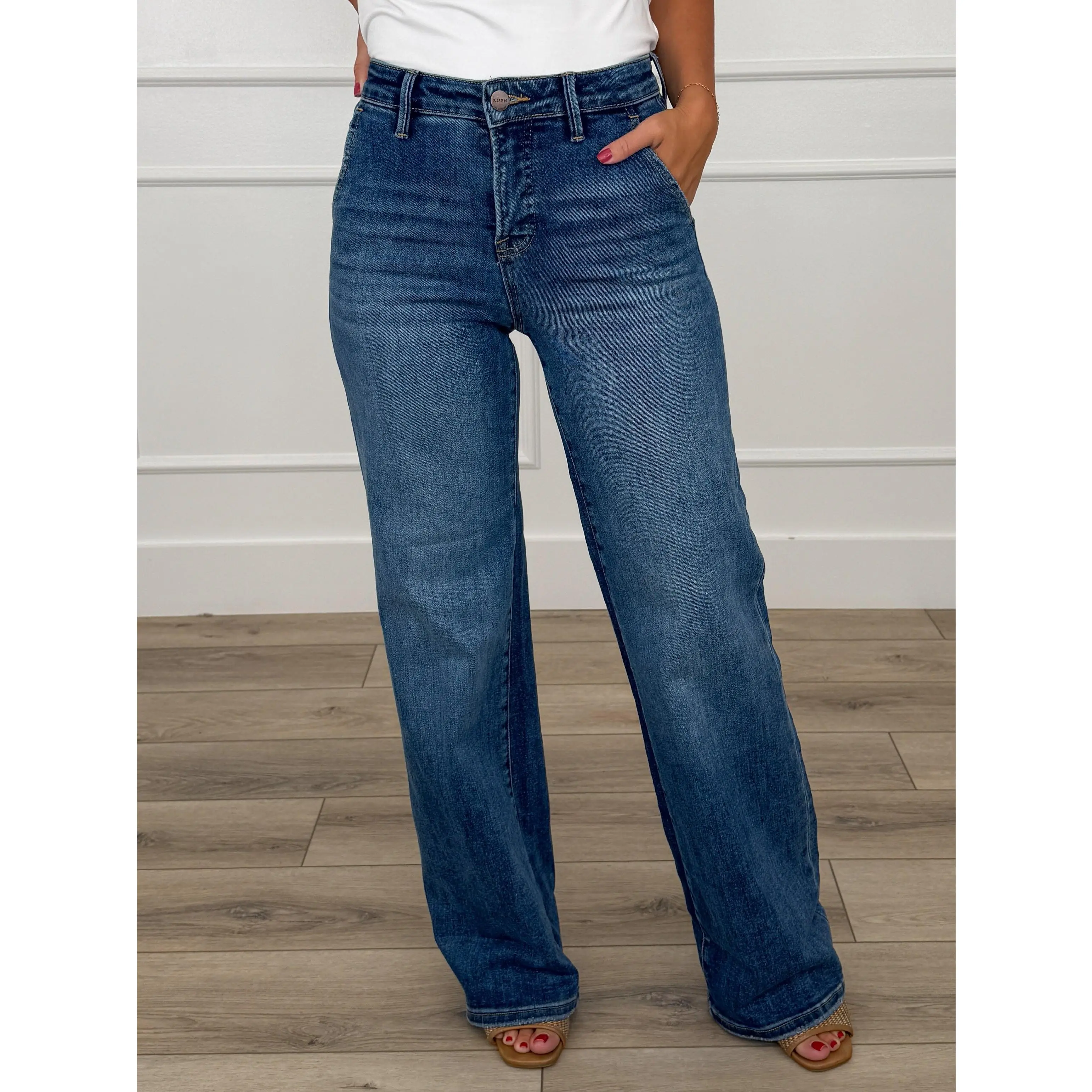 Women's High-Rise Risen Jolie Tummy Control Cotton Sculpting Jeans - Dark Wash, Non-Distressed, Wide Leg Cuffed, Minimalist Plus Size Basics for Day Wear, Multi-Size, 1XL