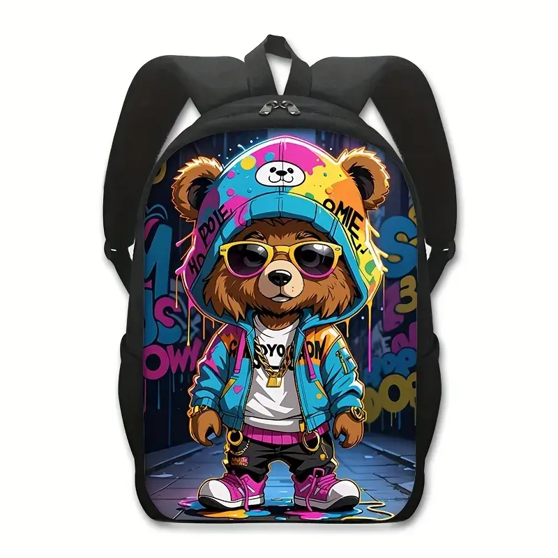 Unisex Graphic Cartoon Bear Backpack - Basic Everyday Use Bag with Vibrant Print Design, Secure Zipper, Adjustable Straps, Playful Look, Lightweight Carry for Women