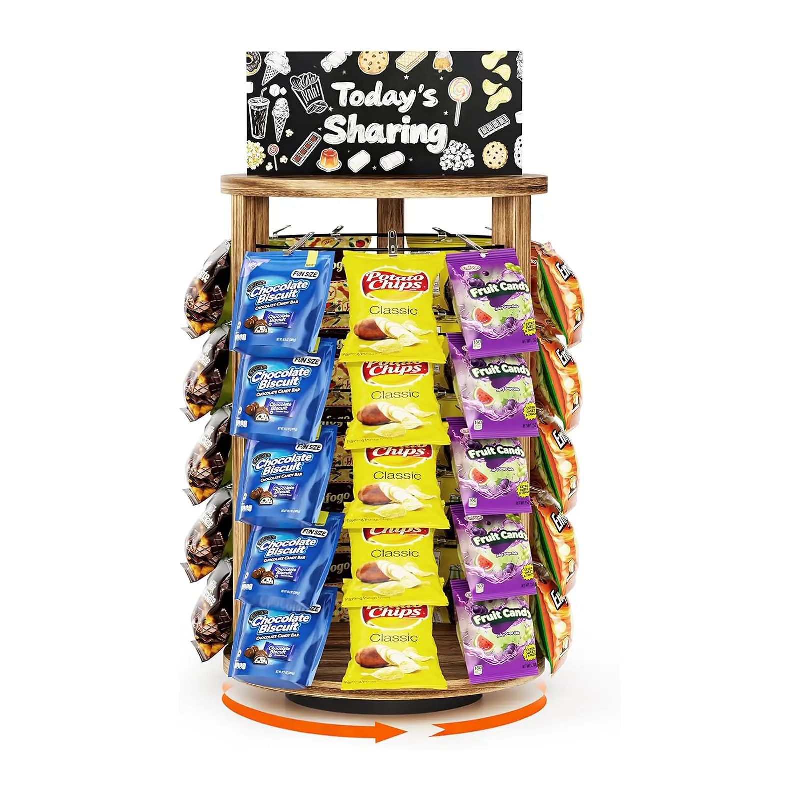 Emfogo chip Rack Display Stand for Countertop Retail Store, 5 Tier Rotating Snack Organizer with 50 Clips, Brown Wooden Base Chip Holder Display Rack with 11 x 4 Inch Message Board for Concession Stand Party Office Kitchen