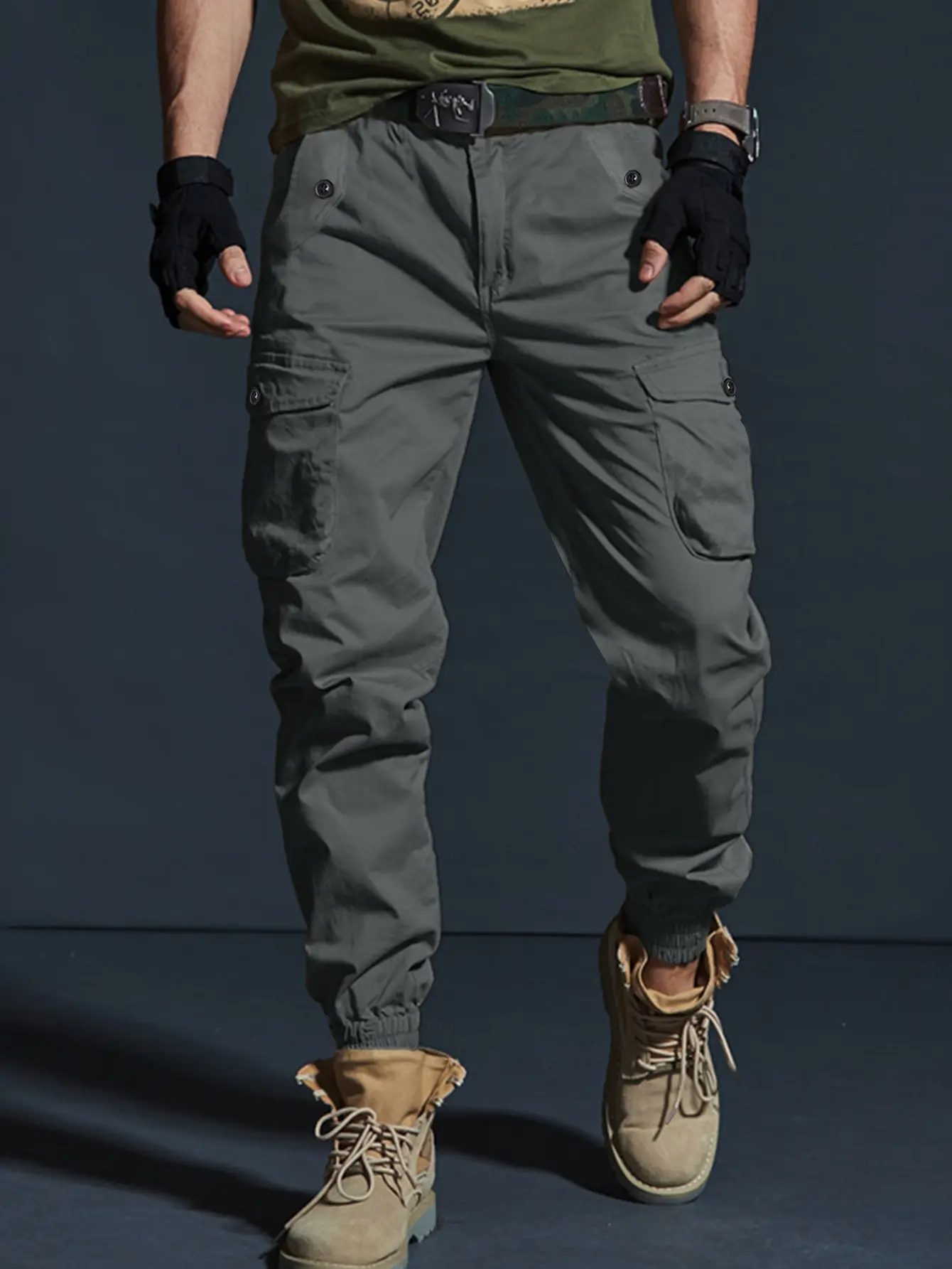 5 Pack Solid Multi Flap Button Cargo Pocket Jogger Pants Unisex Mid Waist Belt Loops Wrinkle Resistant Twill Fabric Loose Tapered Outdoor Tactical Street Casual Trousers