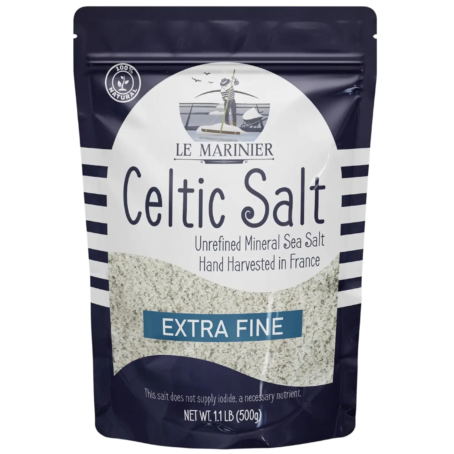 Le Marinier French Sea Salt Extra Fine 1.1lb Unrefined Sea Salt 100% Natural Hand Harvested Light Grey Electrolyte Flavor - Savory