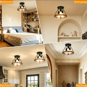 Rustic 3-Light Semi-Recessed Ceiling Light With Natural Wood And Black Metal Construction Hardwired Fixture For Warm Ambient Lighting; Includes Complete Installation Hardware Suitable For Indoor Bedrooms, Hallways, And Entryways Bulbs Not Included
