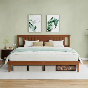 Solid Wood Platform Bed Frame with Headboard, Twin–King Size Bed Frame with 600–800 lbs Support, 8" Under Bed Storage, Wooden Slats, No Box Spring Needed, Easy Assembly