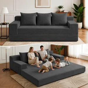Winzoo 2 in 1 Convertible Boneless Couch Bed, Corduroy futon Sofa Bed, Compression Folding Floor Couch Sofas Bed with 3 Pillows for Bedroom, Small Space Guest and Living Room Sofa (78 Inches)
