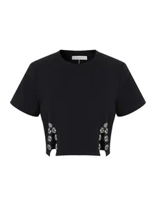 Harper Knit Short Sleeve Crop Top With Embellished Hem