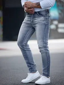 2026 New Washed Denim Jeans for Muscle Men, Slim Fit Elastic Skinny Casual Long Pants, Sporty Streetwear Style for Everyday Wear Pocket, Streetwear Casual Bottom