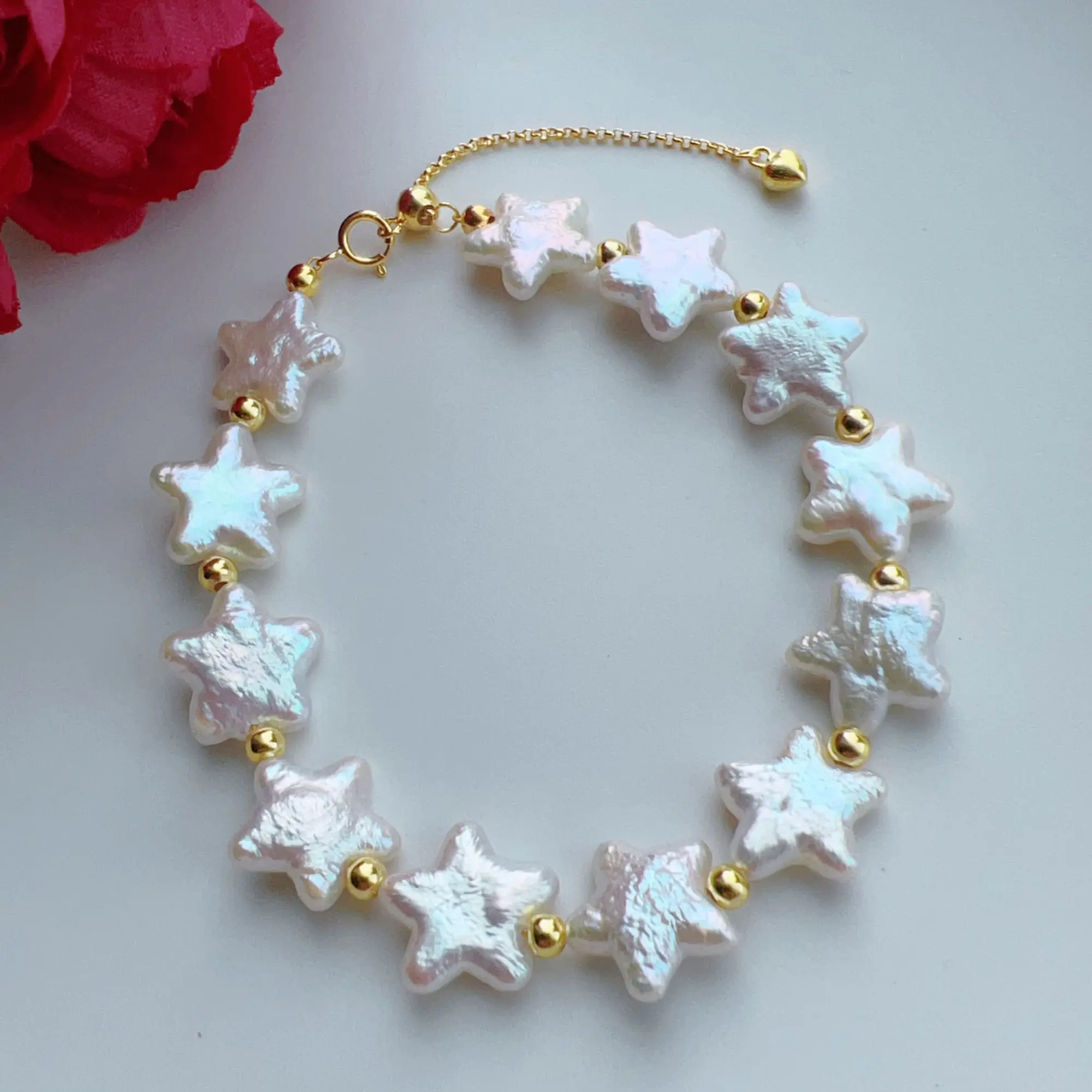 Piswency Genuine Star Baroque Pearl Bracelet, Freshwater Pearls Adjustable Bracelet, 925 Sterling Silver Setting, Gift for Her