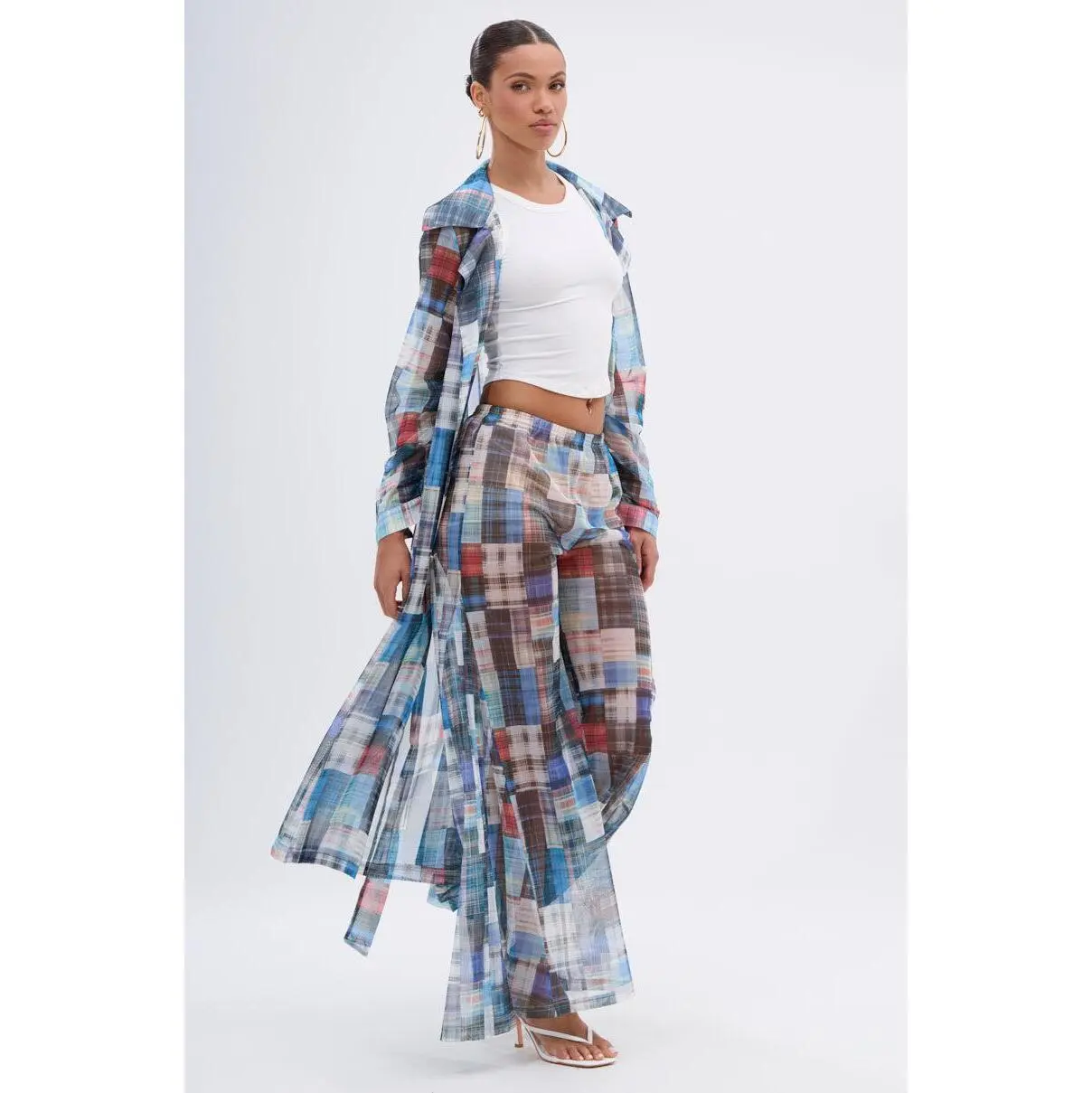 AKIRA Women's Plaid Mesh Trench Coat